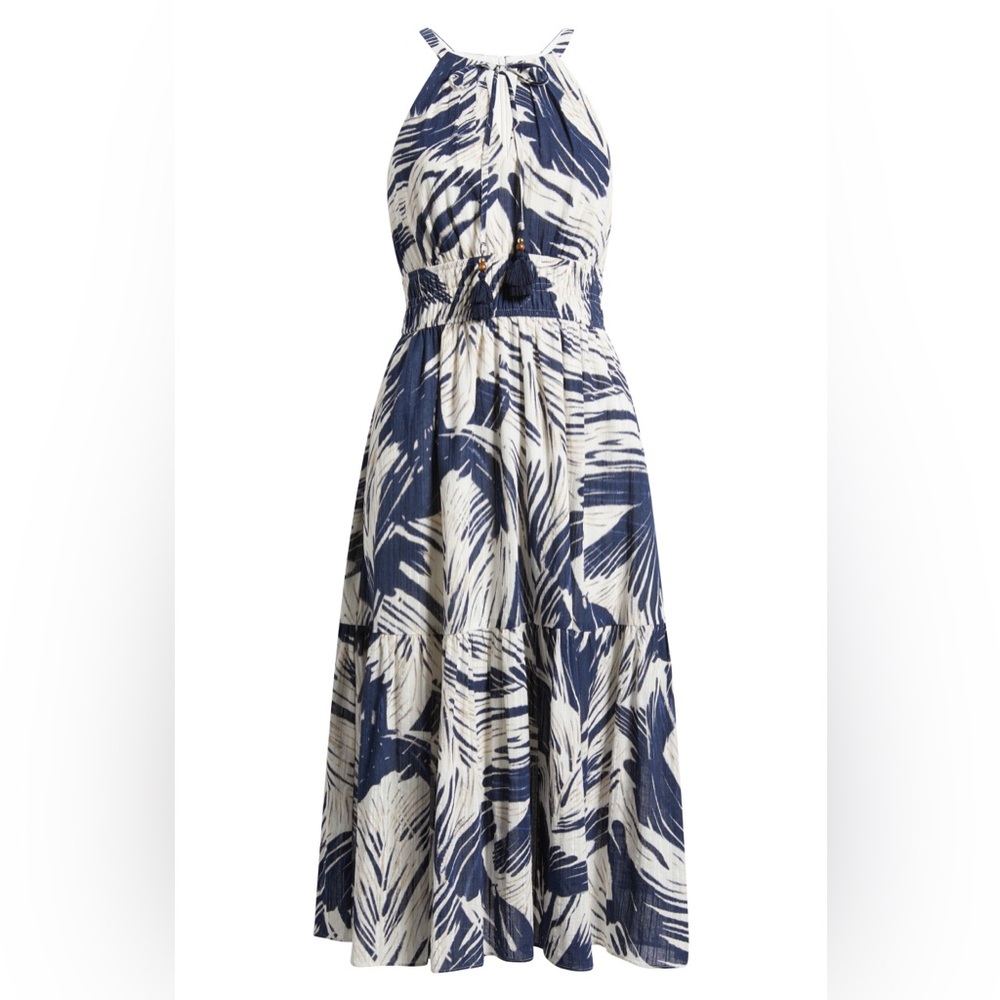 Vince Camuto Leaf Print Cotton Halter Neck Lined Midi Dress W/ Pockets Size 10